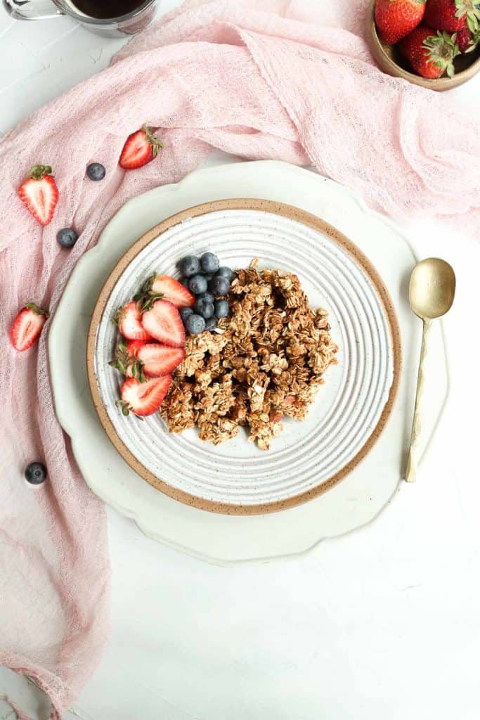 oil free granola in a gray bowl topped with berries