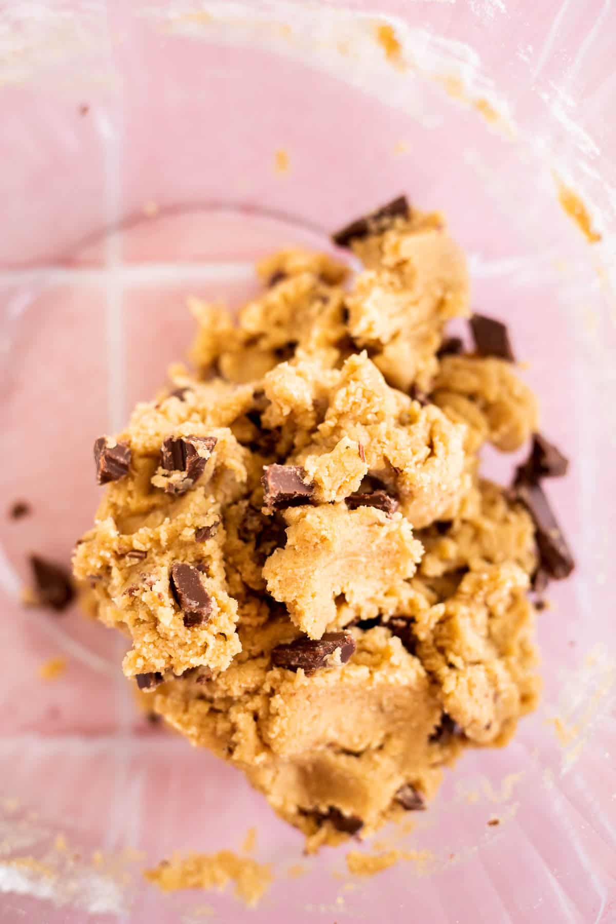 small batch chocolate chip cookie dough in a glass bowl.