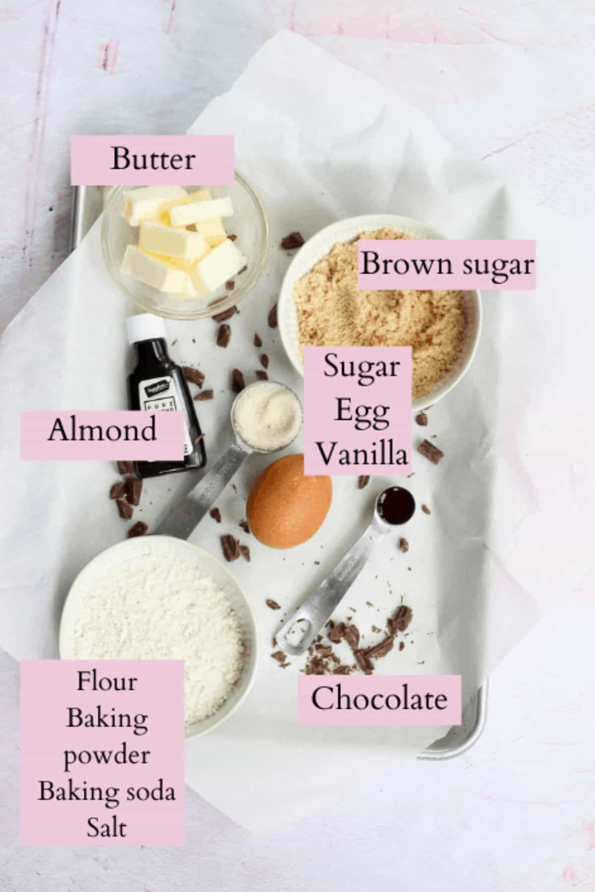 ingredients to make 6 chocolate chip cookies labeled with pink text boxes.
