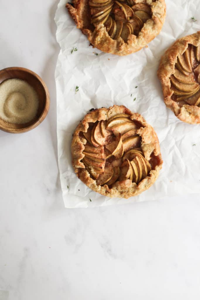 over head look of apple galette on parchment