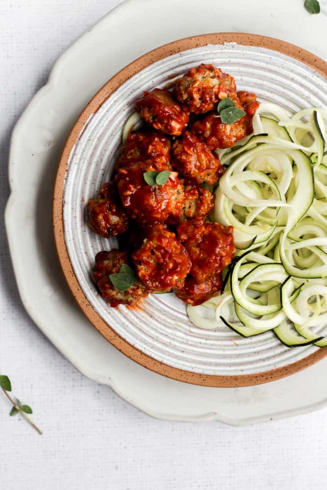 turkey meatballs with a side of zucchini noodles.