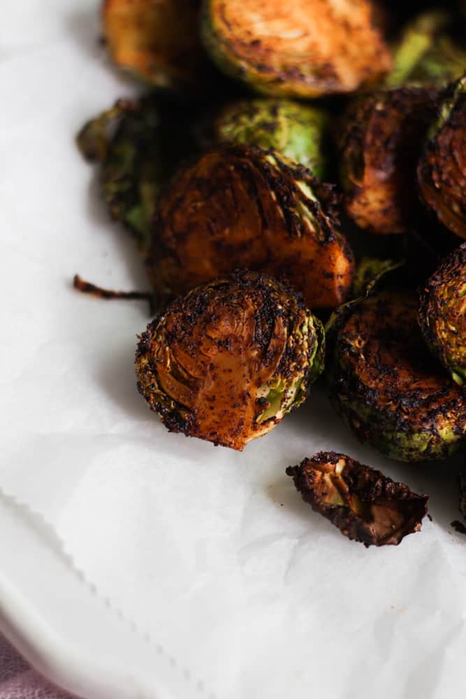 healthy air fryer brussels sprouts on parchment paper