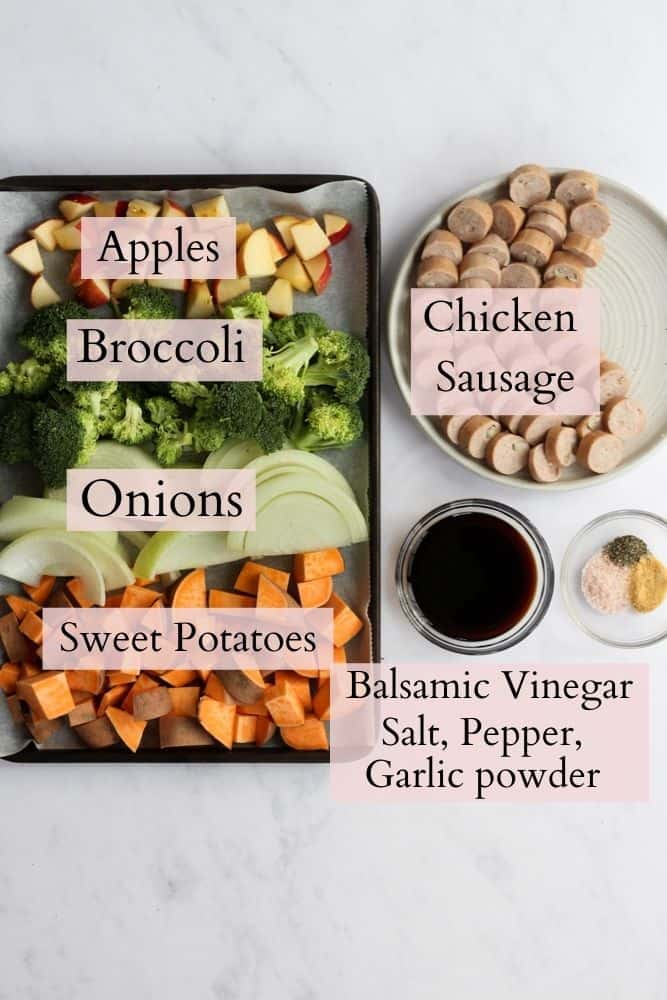 labeled ingredients for easy chicken apple sausage sheet pan. Pink text boxes with black writing 