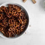 white bowl on white background full of easy pretzel recipe with cinnamon sticks
