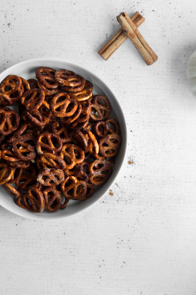 white bowl on white background full of easy pretzel recipe with cinnamon sticks