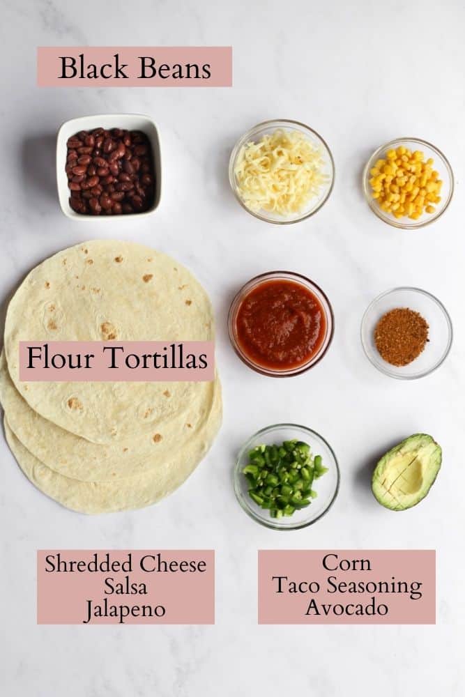 air-fryer nacho ingredients labeled with pink text boxes