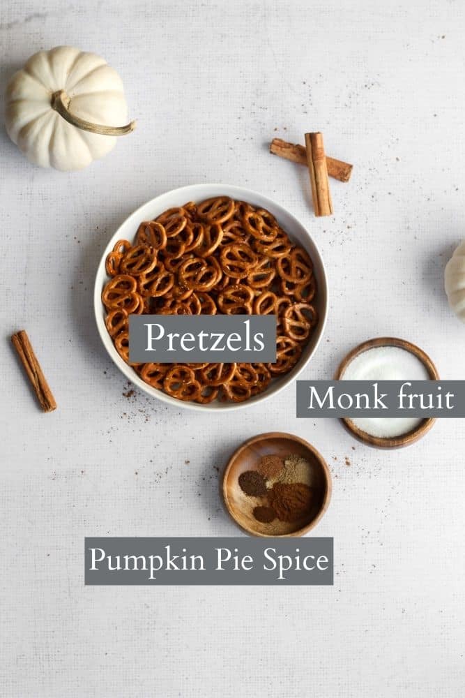 pumpkin spice pretzel ingredients on a white background with text labels