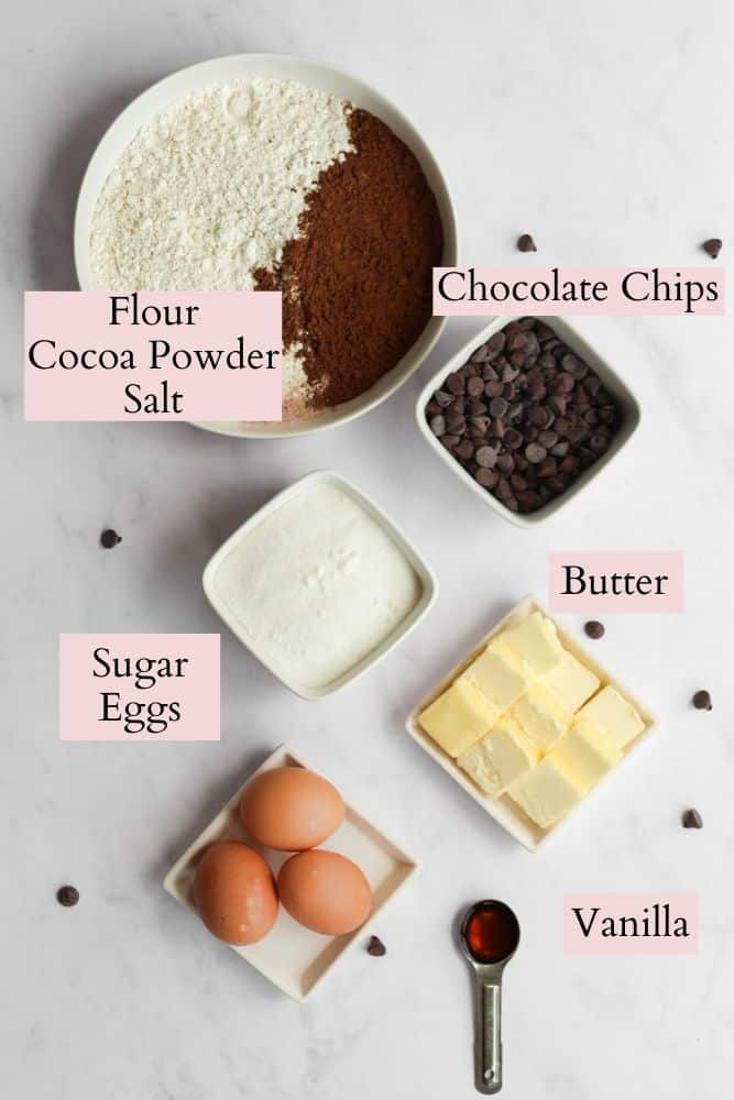 the best fudgy brownie ingredients labeled with pink textboxes.
