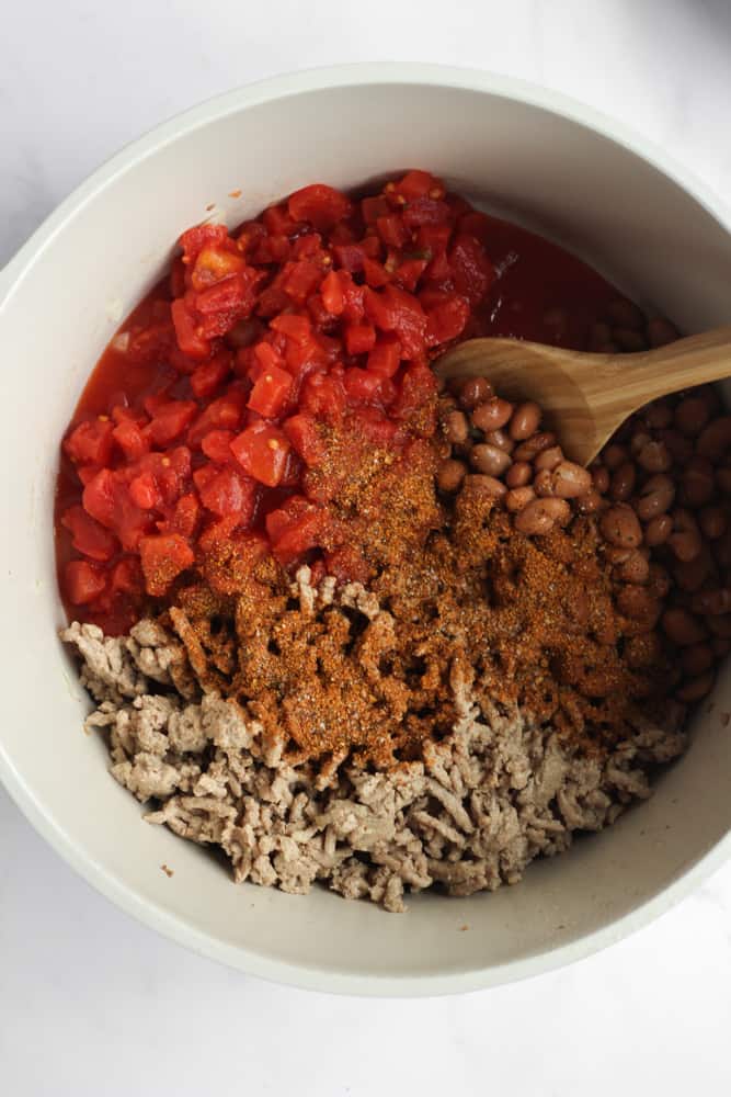 20 minute chili ingredients in a large white pot