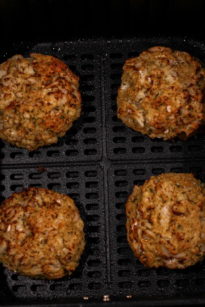 healthy crab cakes cooked in air fryer basket