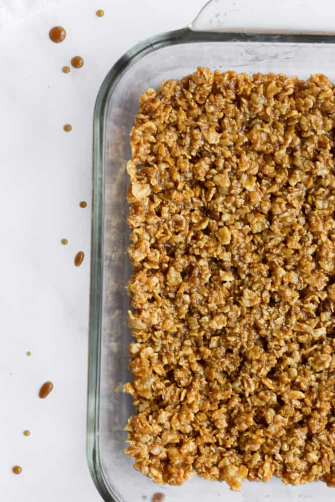 no bake cereal treats in a glass baking dish