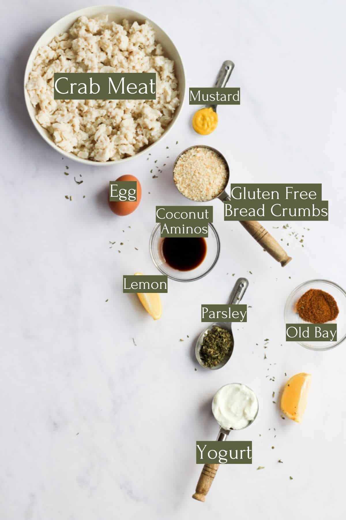ingredients to make gluten free crab cakes labeled with green and white text boxes.