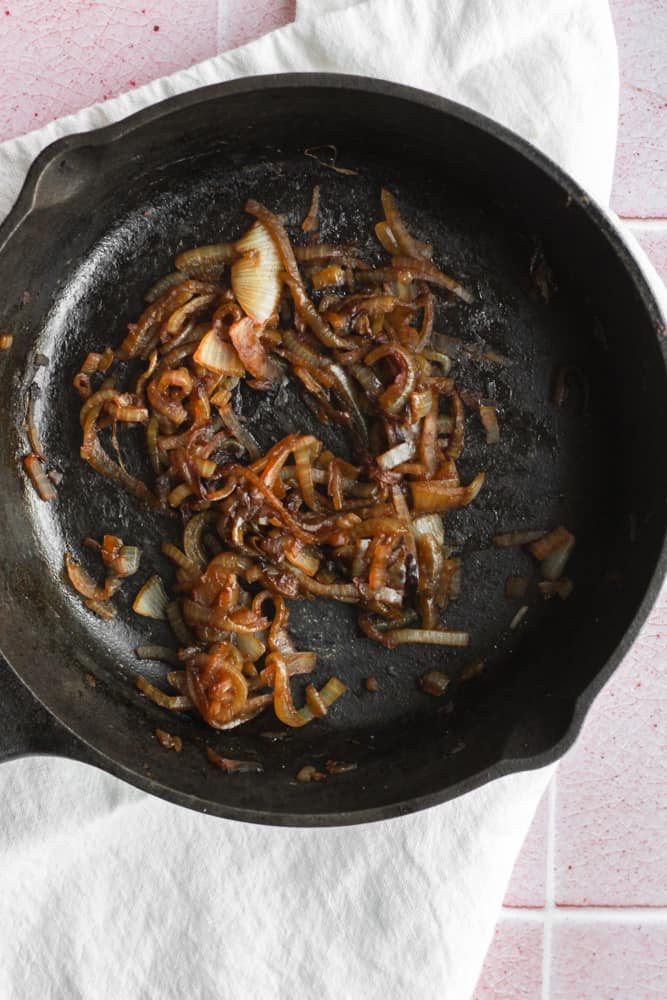 oil-free caramelized onions cooked in a cast iron pan