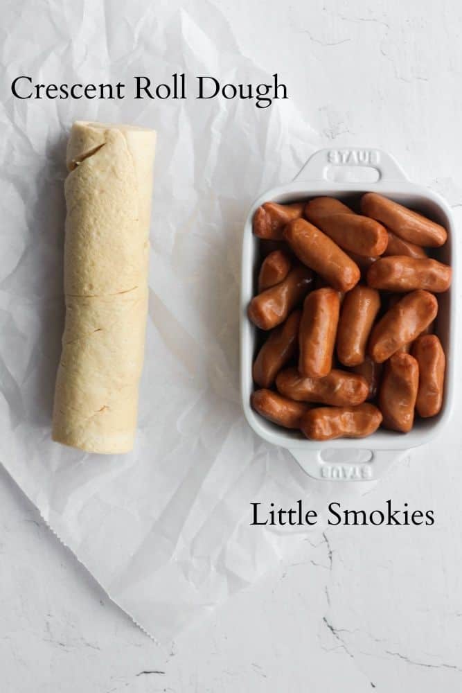 easy pigs in a blanket ingredients on a white backdrop labeled with black text