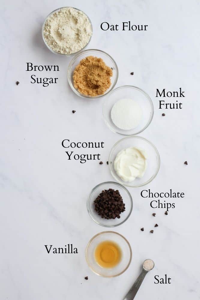 edible vegan cookie dough ingredients labeled on a white backdrop