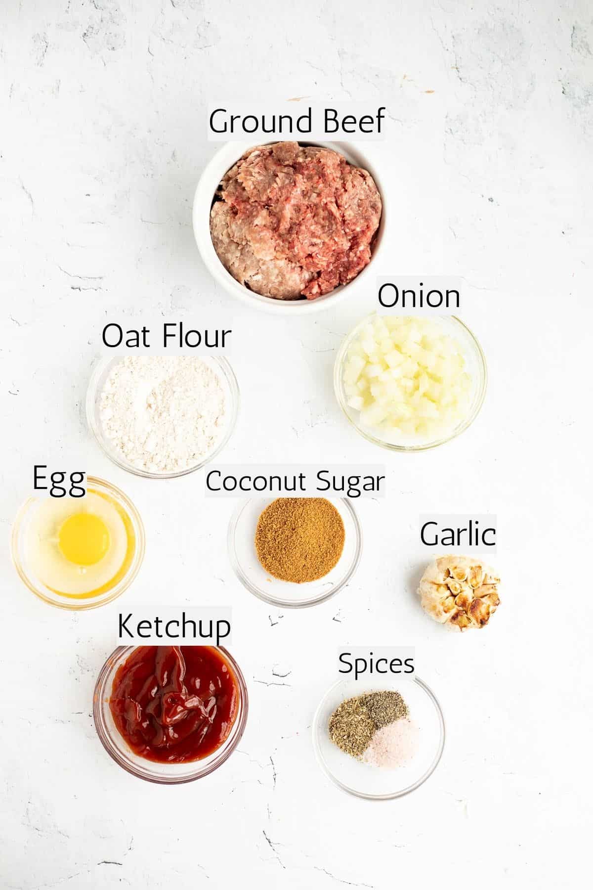 ingredients to make gluten free meatloaf labeled with black text.
