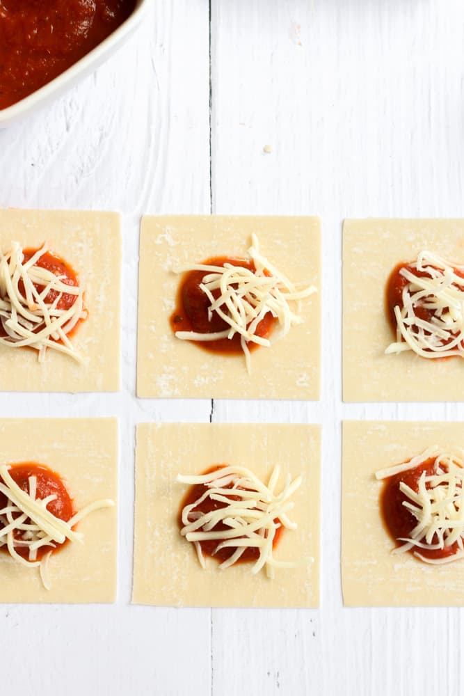 6 wonton wrappers filled with pizza sauce and cheese on a white backdrop