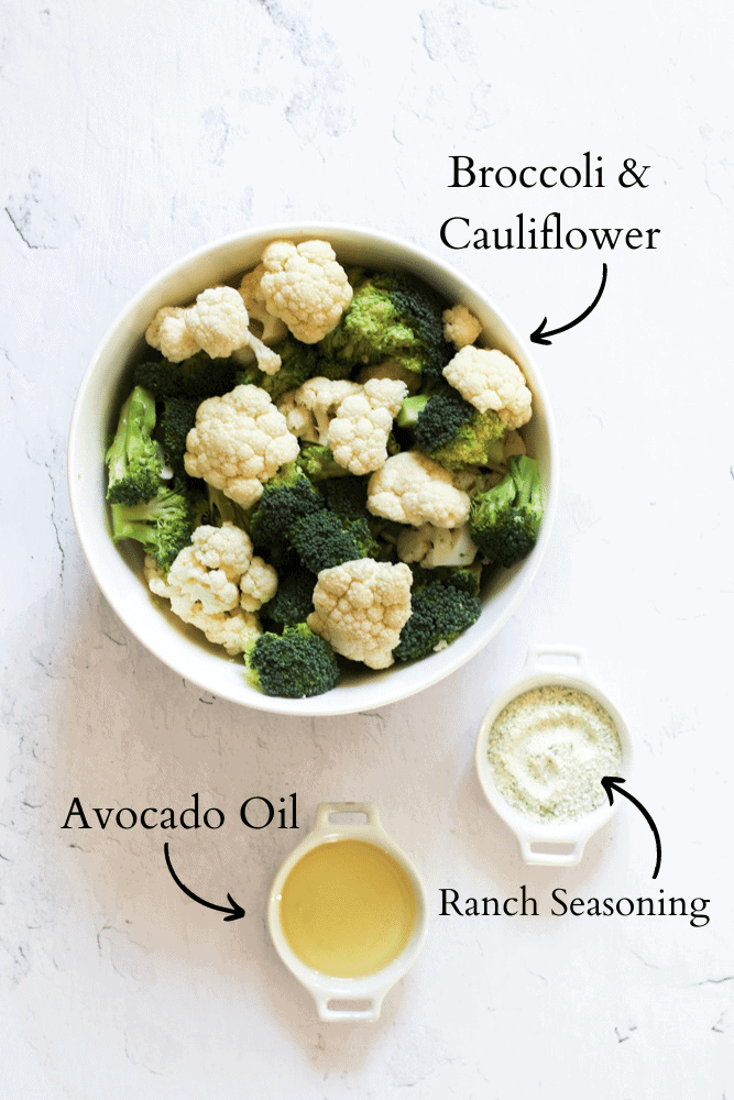 Air Fryer Broccoli and Cauliflower ingredients on a white backdrop labeled with black text