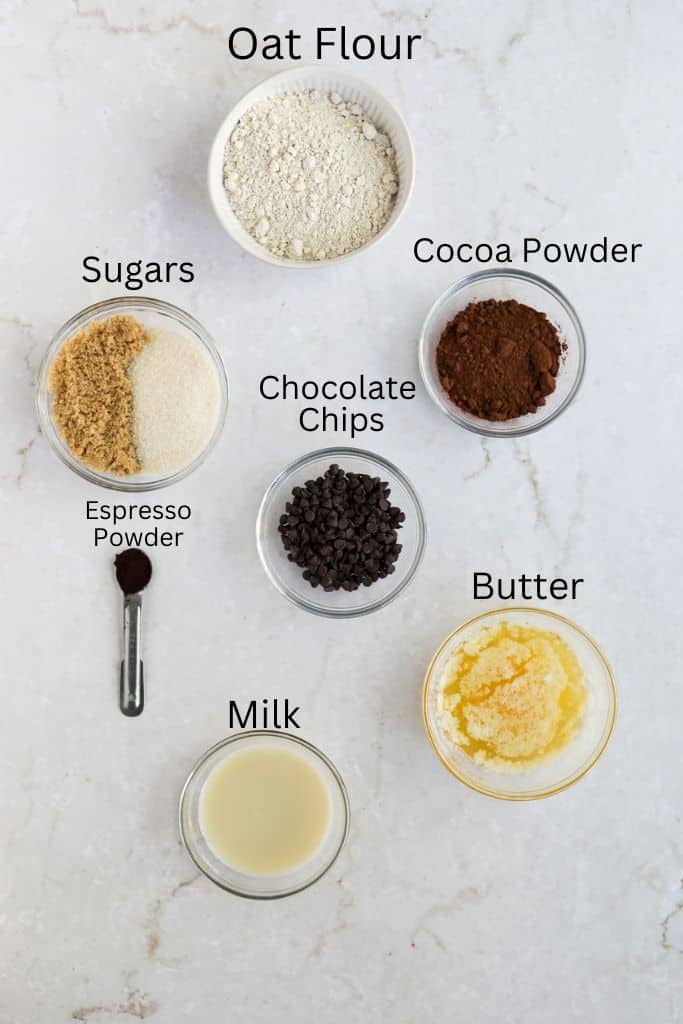 ingredients for edible brownie batter labeled with black text.