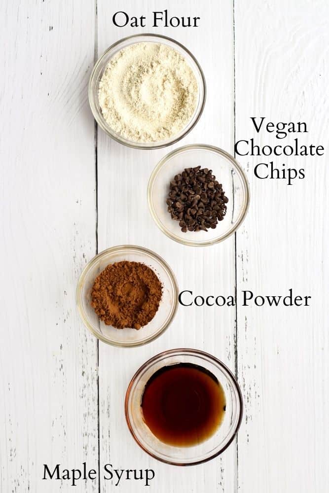 healthy brownie ingredients on a white backdrop labeled with black text.
