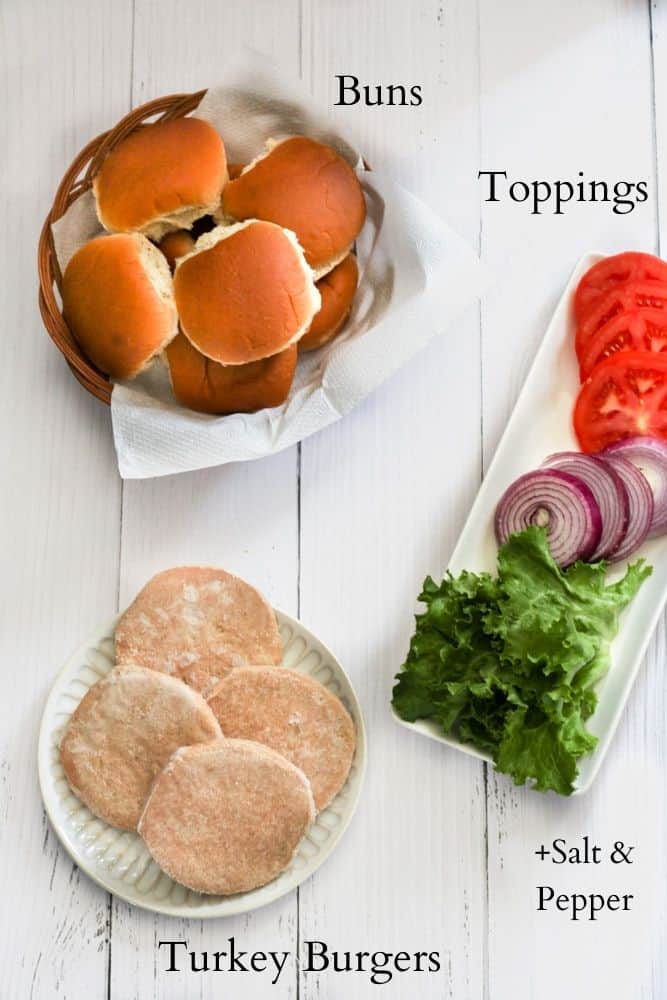 frozen turkey burger ingredients on a white backdrop labeled with black text.