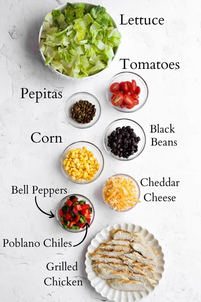 southwest salad ingredients on a white backdrop with black text.