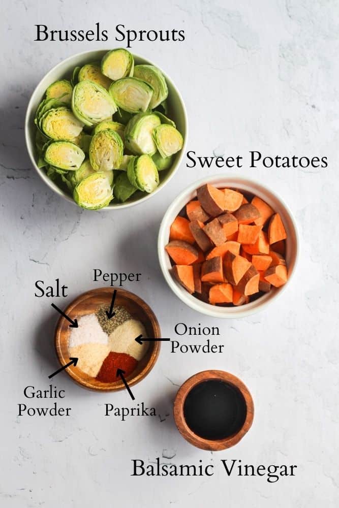ingredients for air fryer roasted potatoes and sprouts labeled with black text.