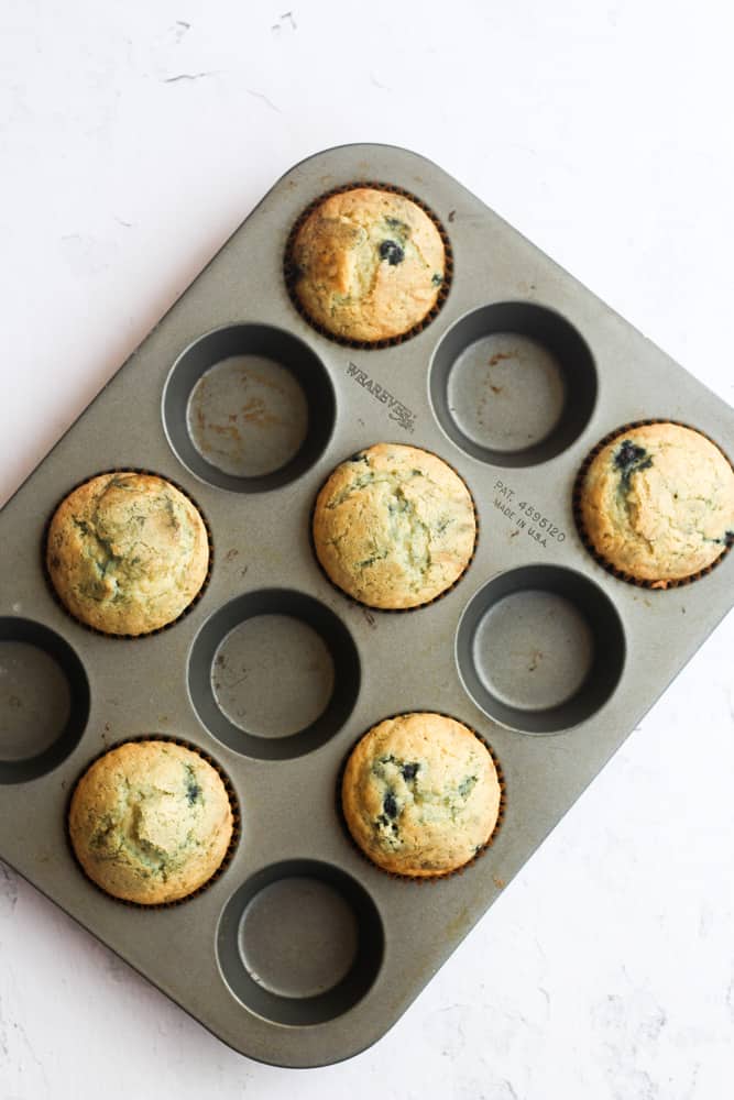 baked blueberry muffins in a muffin tin.