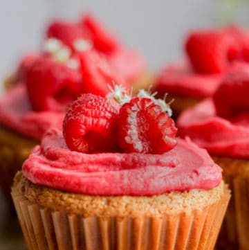 raspberry cupcakes topped with fresh raspberries.