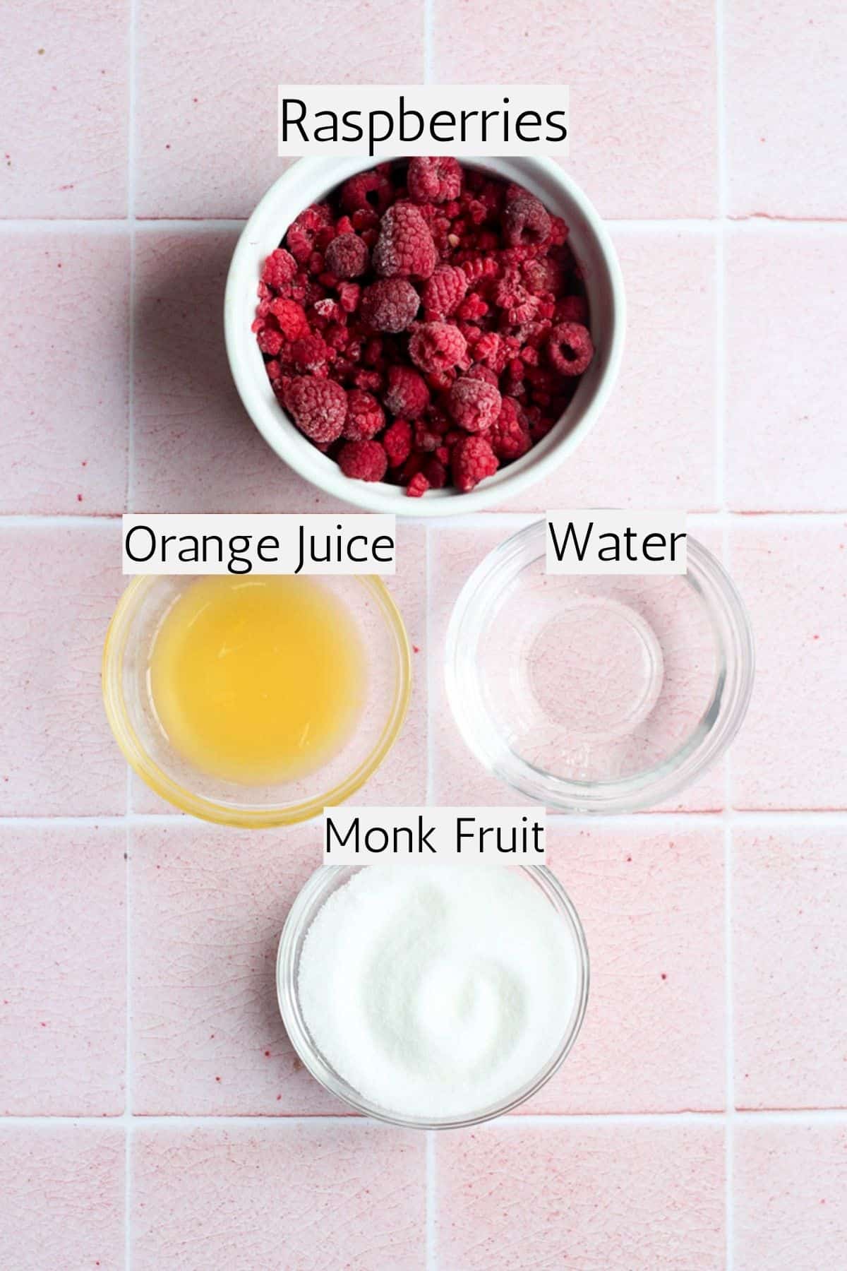ingredients to make raspberry compote labeled with black text.