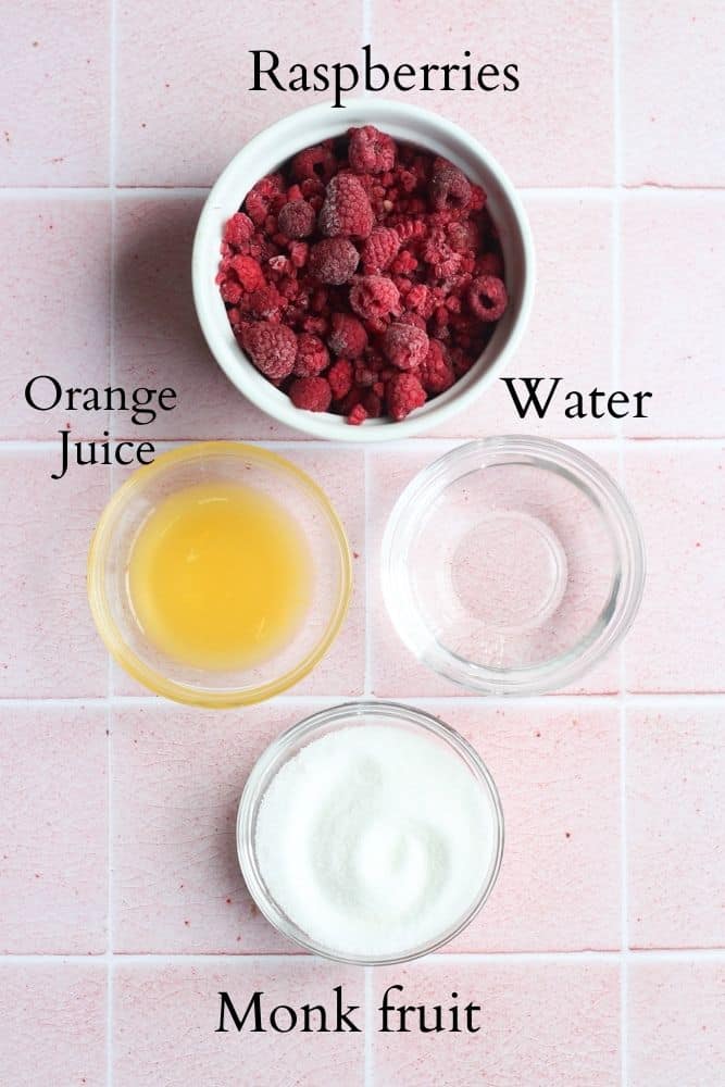healthy raspberry compote ingredients on a pink backdrop labeled with black text.