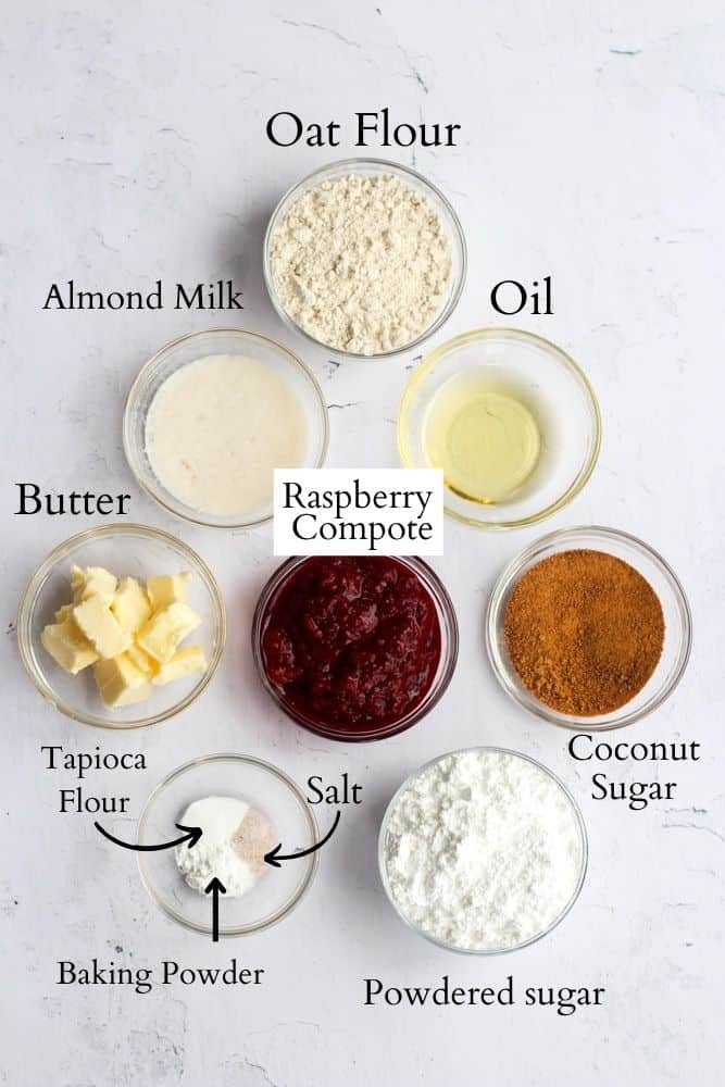 ingredients for the best raspberry cupcake recipe labeled with black text.