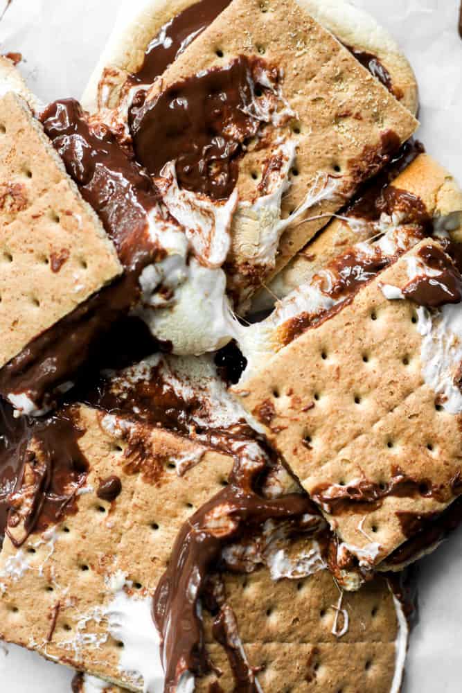 messy, deconstructed s'mores with melted chocolate.