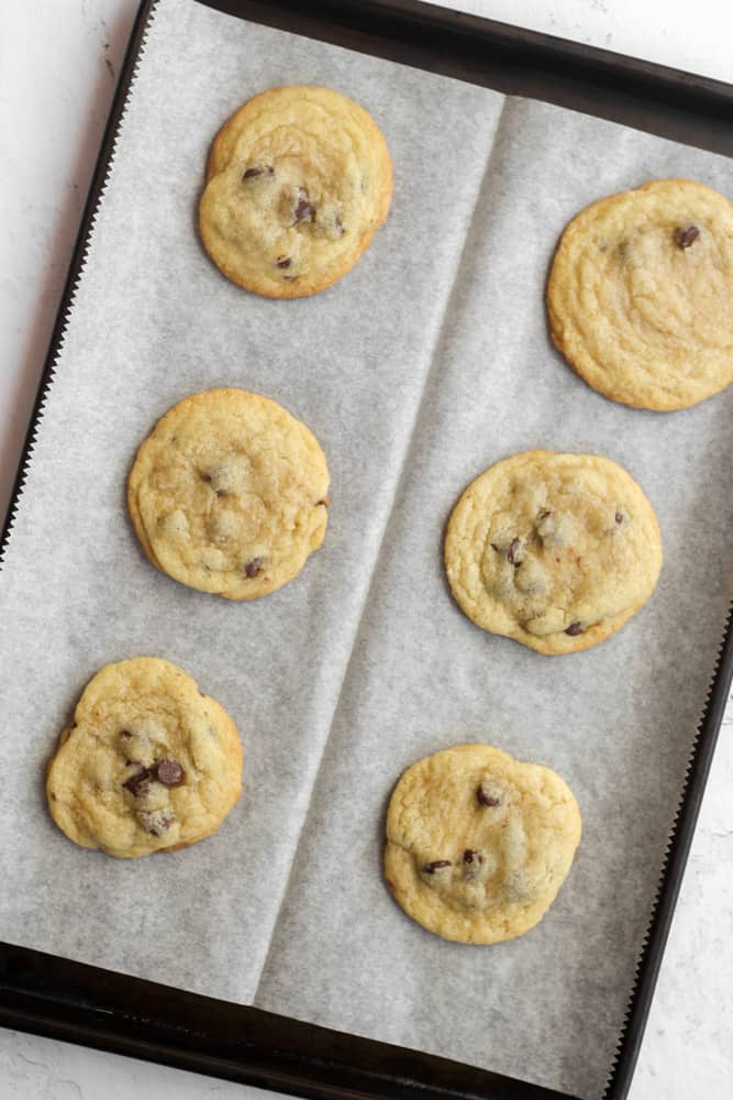 chocolate chip cookies without brown sugar baked on a baking sheet.