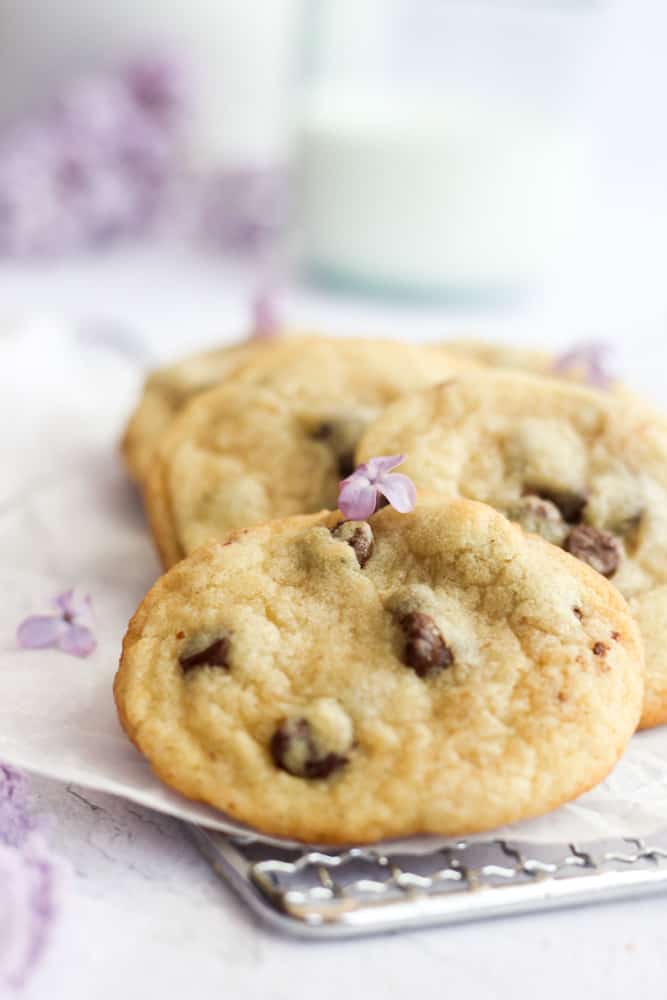 chocolate chip cookies without brown sugar on parchment paper with lilac blossoms.