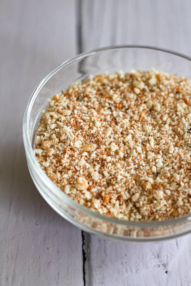panko breadcrumbs with seasoning in a glass bowl.