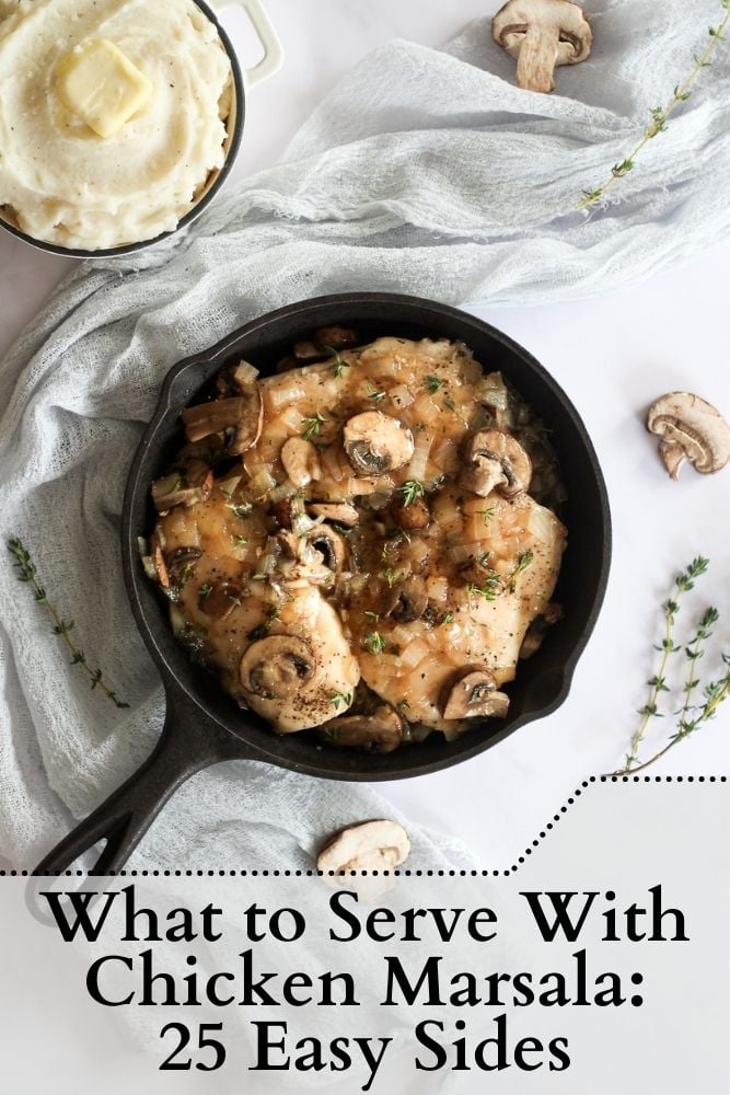 what to serve with chicken marsala image with a cast iron pan full of chicken marsala.