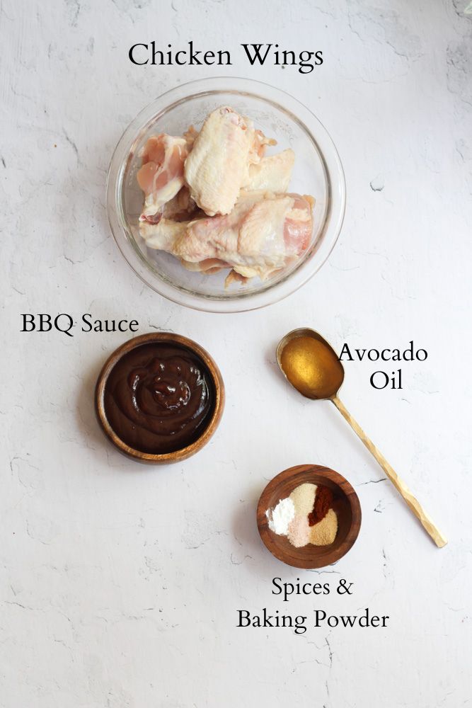 ingredients for BBQ chicken wings made in the air fryer labeled with black text.