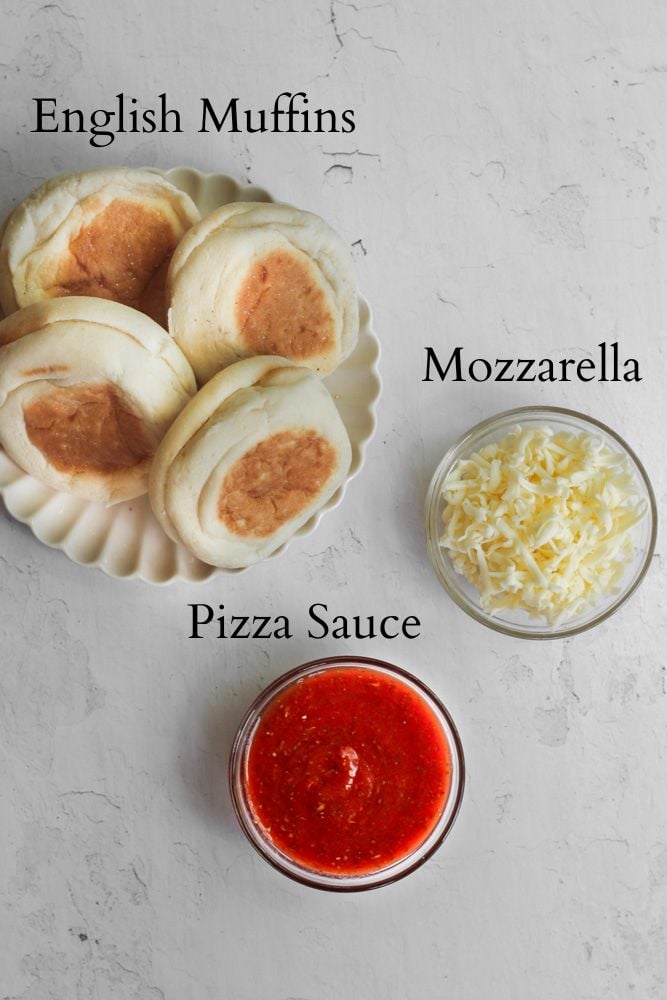 air fryer engish muffin pizza ingredients labeled with black text.