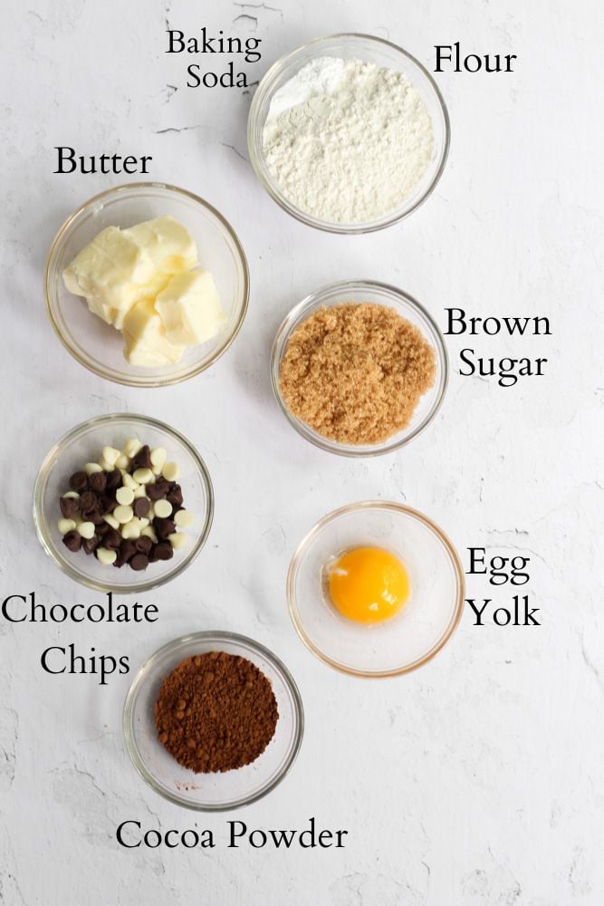 ingredients for a mini skillet cookie recipe labeled with black text.