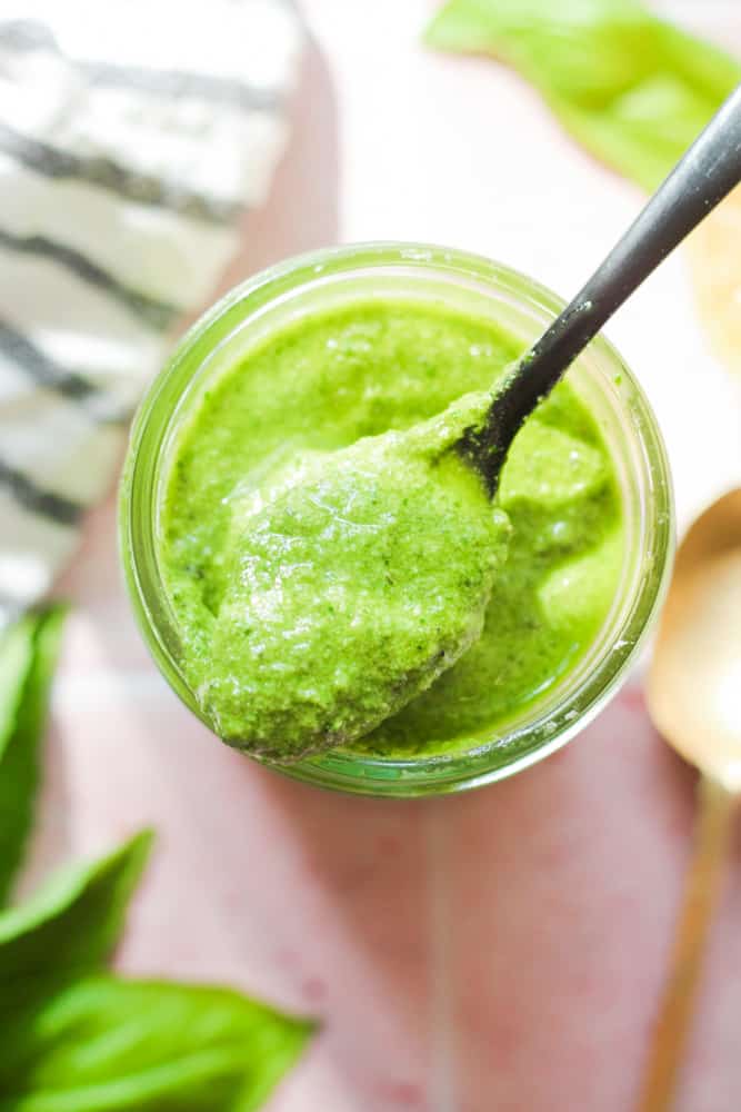 pesto without nuts in a glass jar.