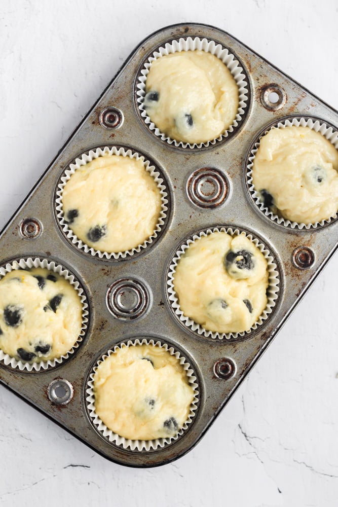 healthy blueberry muffins in a muffin tin.
