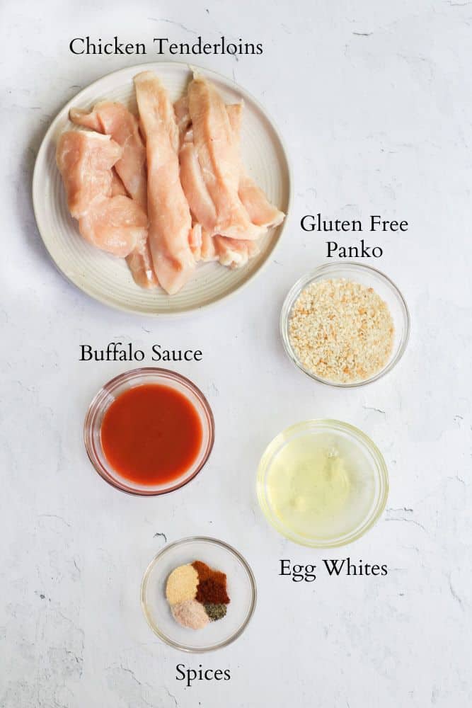 ingredients for air fryer buffalo chicken tenders labeled with black text. 