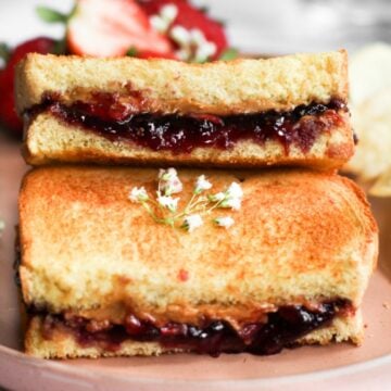 air fryer peanut butter and jelly sandwich on a pink plate.