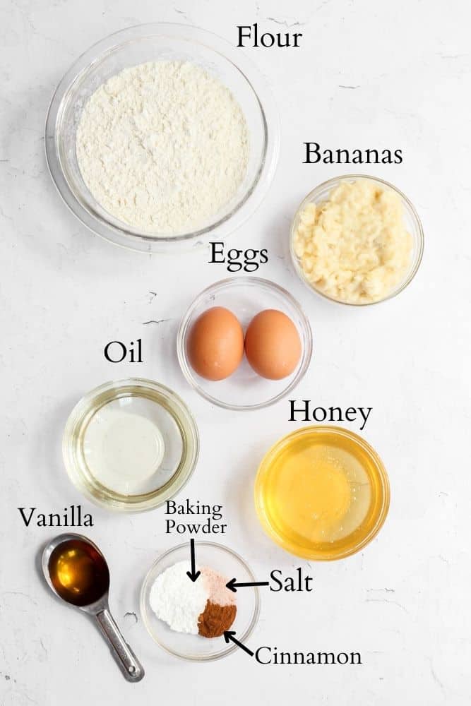 ingredients for banana bread without baking soda labeled with black text.