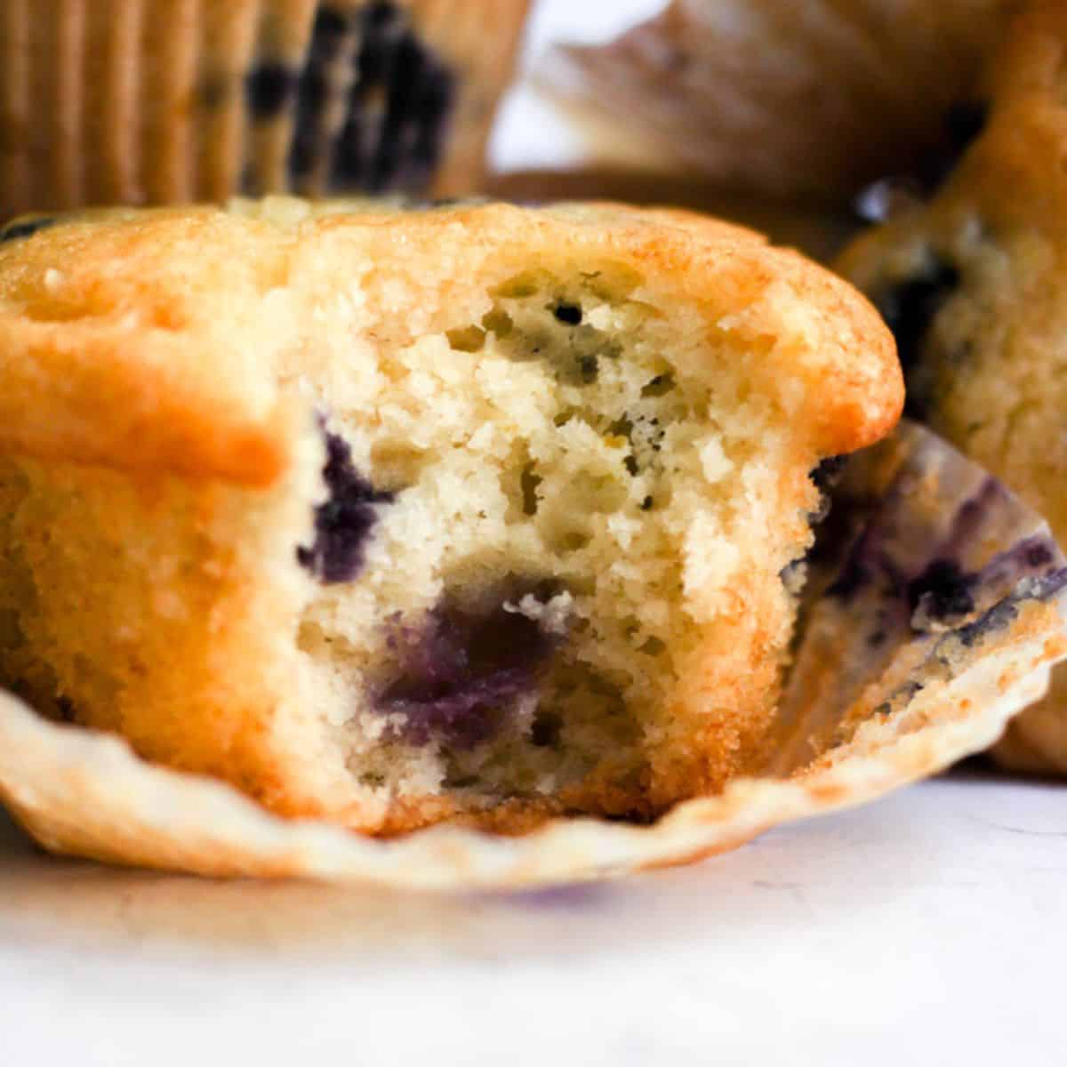 copycat starbucks blueberry muffin on a line with a bite taken out of it.