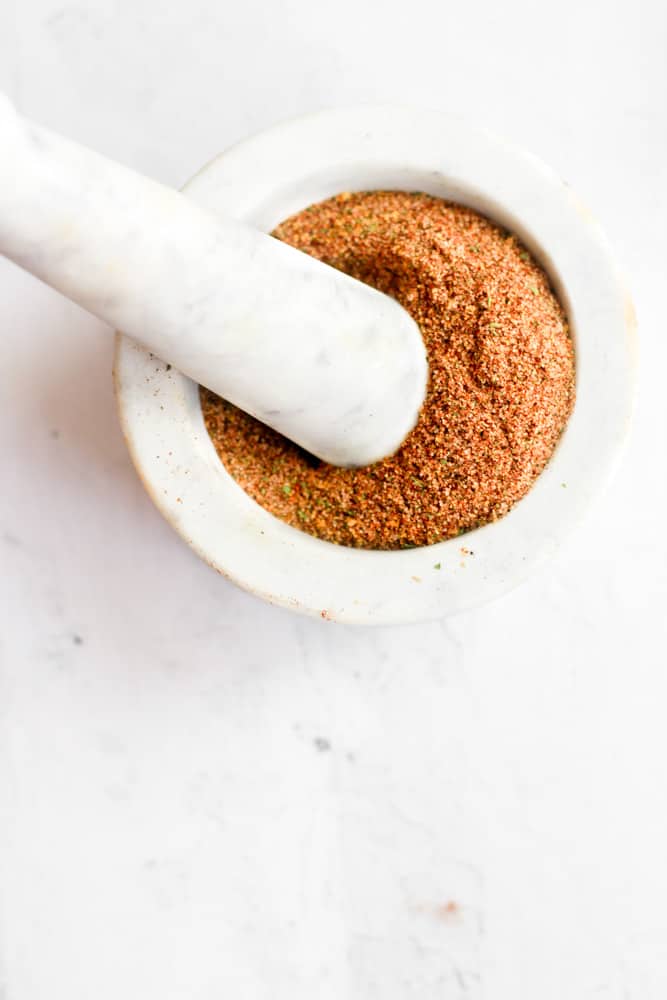 homemade elote spice in a mortar and pestle.