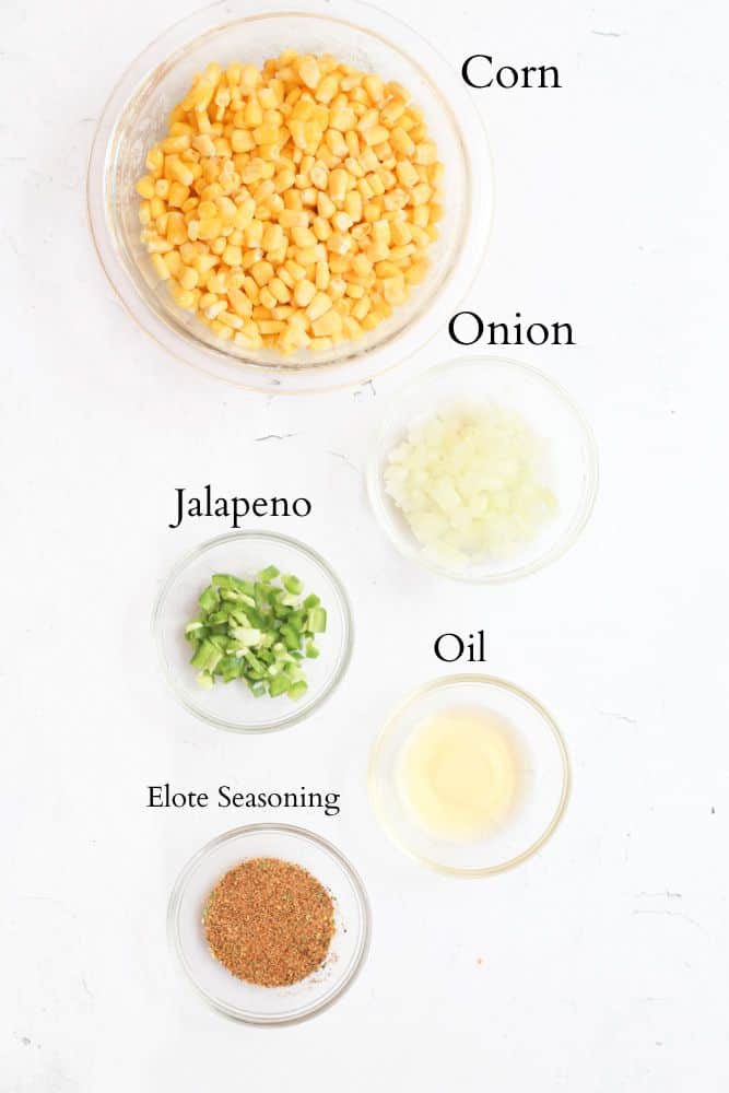ingredients for air fryer corn kernels labeled with black text.