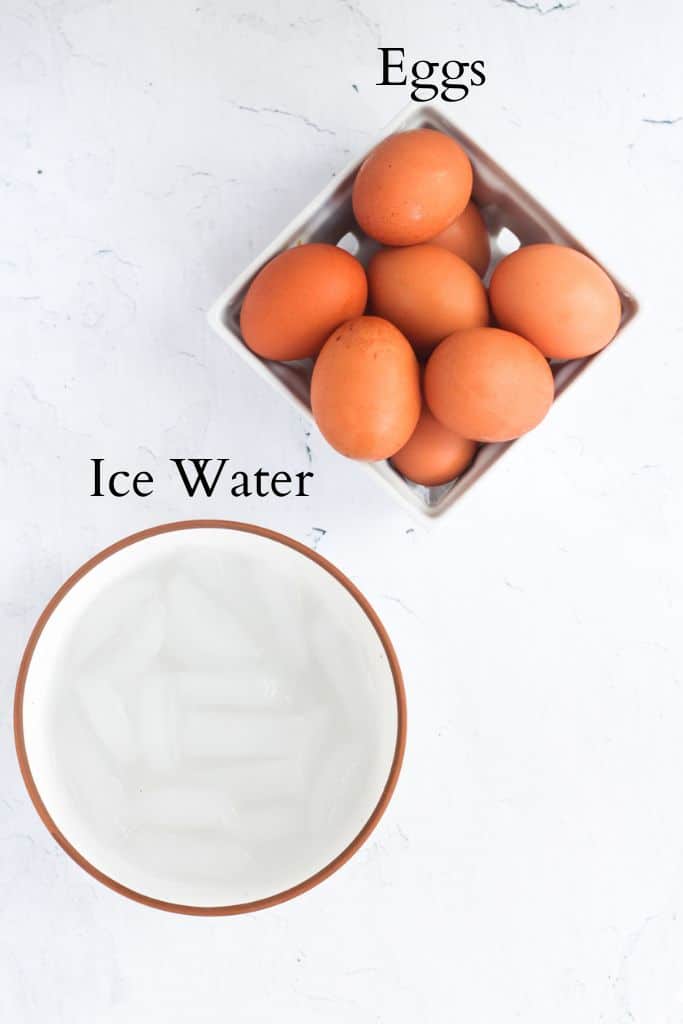 ingredients for air fryer soft eggs labeled with black text.
