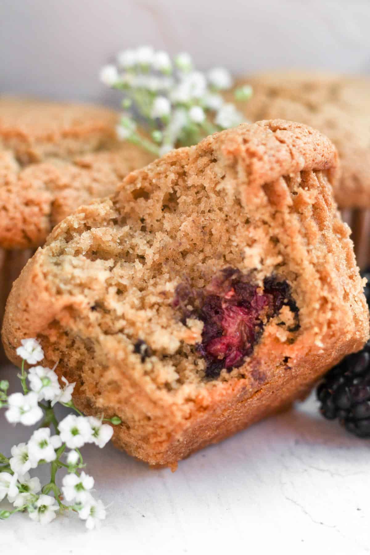 gluten free blackberry muffin with a bite in it and white flowers.